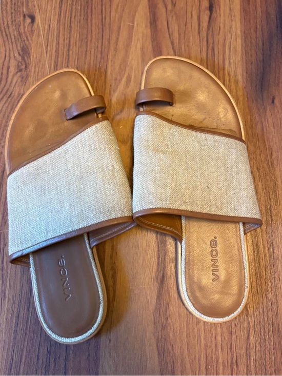 Vince Shoes - Vince Brown Leather & Beige Canvas Slide Sandals